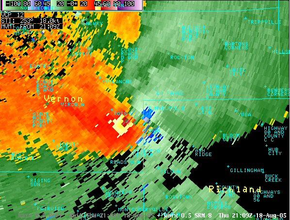 Fig 9. (b) above, 0.5 radial velocity image, both taken at 21:09z; blue circle indicates a TVS and a likely area for tornado development.