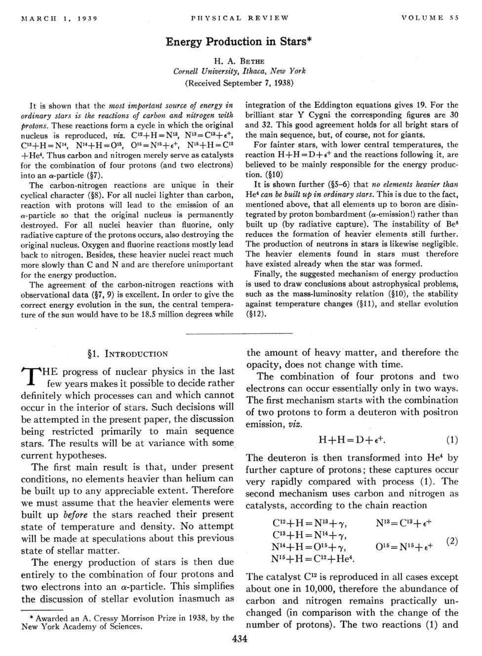Bethe s Classic Paper on Nuclear Reactions in