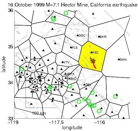 16 October 1999 M=7.1 Hector Mine, Califoria, Earthquake Voronoi cells from Hector Station Voronoi Area Epi. dist Fault dist. P arrival (km^2) (km) (km) (sec) HEC 5804 26.7 10.7 6 BKR 8021 77.1 68.