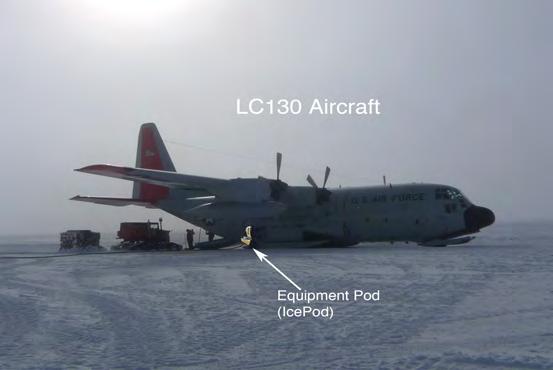 USING RADAR TO IMAGE THROUGH THE ICE: Image 5) The Ice Pod project LC130 Aircraft outfitted with radar mounted on an external pod to