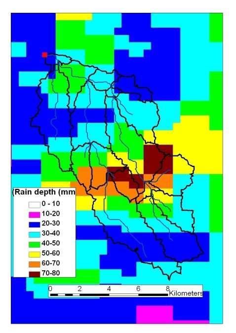 Hydrological sensitivity to convective rain cell characteristics Nahal Beqa (94 km 2 ) Rain intens ity (mm/h) 160 Runoff peak discharge (m 3 /s) 30 140 30 80 Site 2 Km 25 20 15 10 5 Flooding