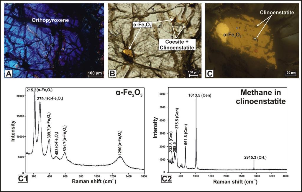 Figure DR2. A: Inclusions in an orthopyroxene porphyroclast of 1M1 peridotite are studied. B: From the same grain, coesite and clinoenstatite assemblage were reported (Das et al., 2015).
