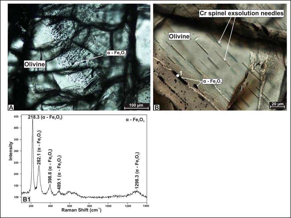 Figure DR3. A: In peridotite 1NU27, granular opaque precipitations of α Fe 2 O 3 are found in some of the olivines.