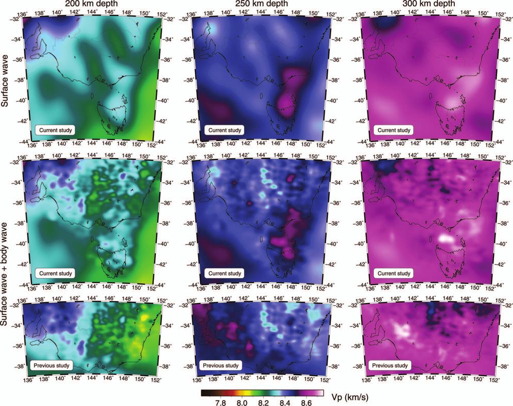3-D structure of the Australian lithosphere 819 Downloaded by [Australian National University] at 17:46 03 September 2012 Figure 8 Same as Figure 6, but the three horizontal slices are taken at