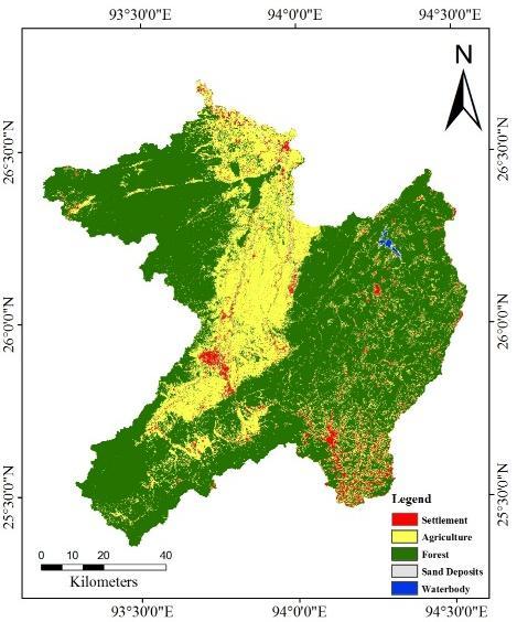 Figure 3.2 : Land use land cover map of Dhansiri Watershed Sl. No. Land use type Approx. Area (km 2 ) Area (%) 1 Settlement 1484.64 14.57 2 Agriculture 1734.54 17.03 3 Forest 6933.63 68.