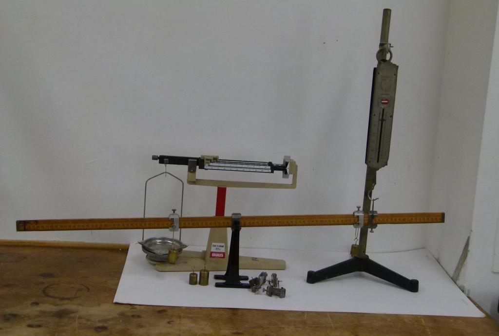 Apparatus A triple beam scale, a spring scale, a meter bar with a knife edge clamps and its supporting holder, suspension clamps with their stirrups and hooked weights of 50 and 100 grams.