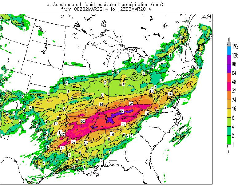 Figure 2. Stage-IV precipitation data (mm) showing the observed estimated precipitation across eastern North America for the period of 0000 UTC 2 March through 1200 UTC 3 March 2014.