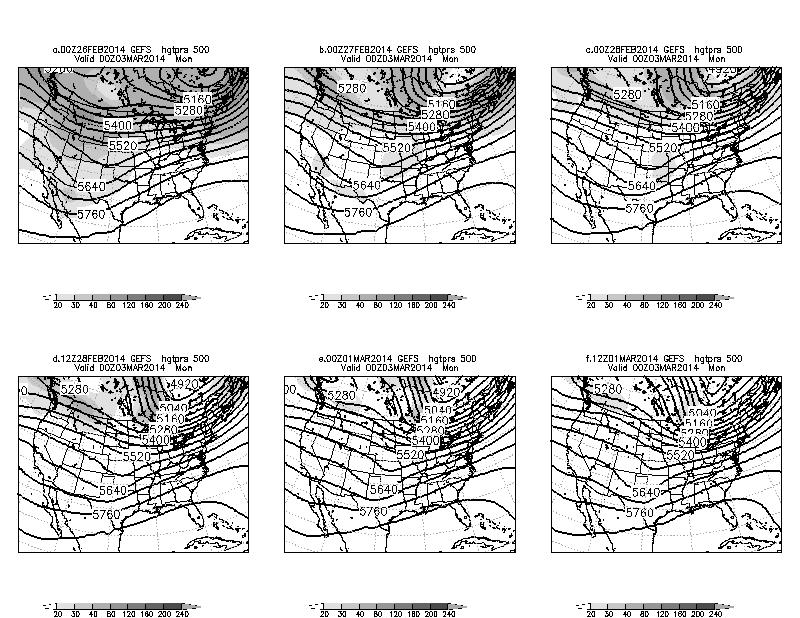 Figure 14. As in Figure 11a except for the mean GEFS 500 hpa heights and spread about the mean valid at 0000 UTC 3 March 2014.