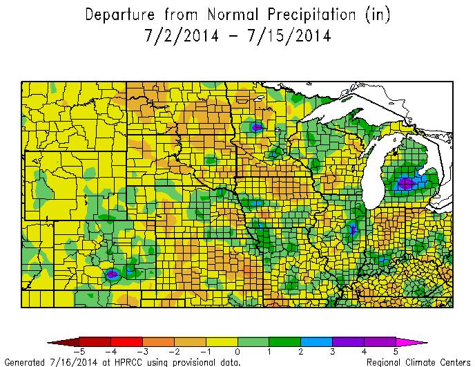 Most recent 14-day precipitation Quickly drying out in certain areas Reduced ET