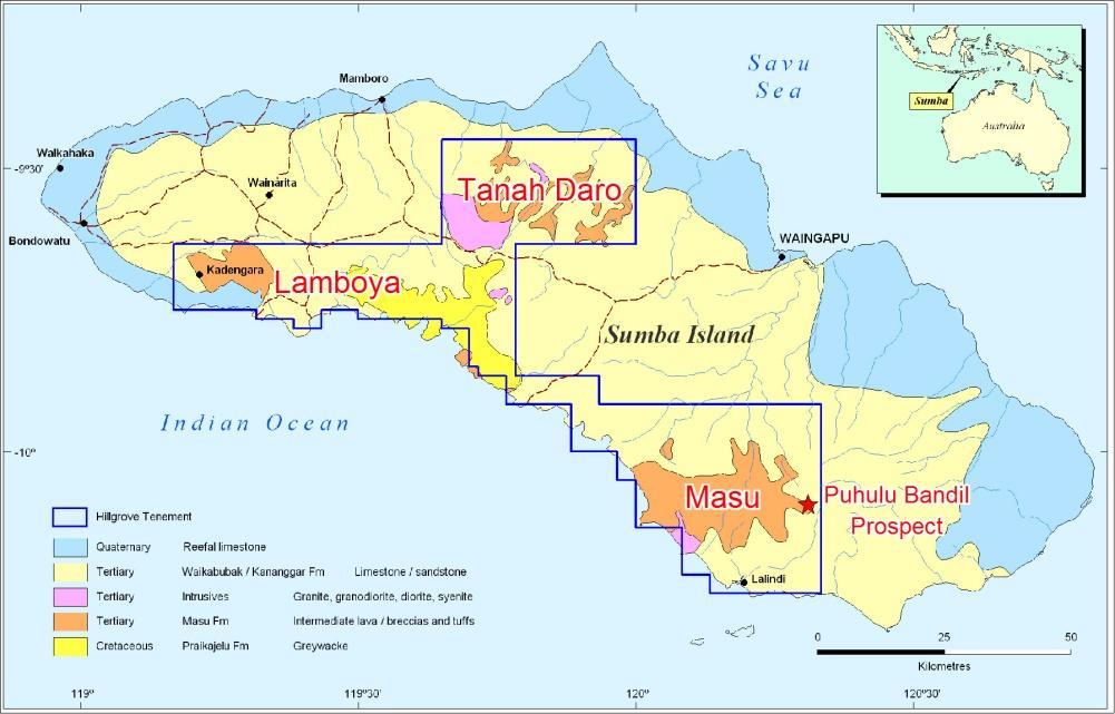 Indonesia Sumba Island Prospect KP 350/KEP/HK/2007 general survey license granted on Sumba covering an area of 3,433km² Indonesian subsidiary of Hillgrove, PT Fathi Resources to undertake exploration