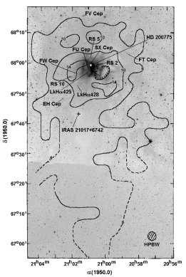 35 Figure 9. 13 CO contours of the molecular cloud associated with NGC 7023, overplotted on the DSS red image (Elmegreen & Elmegreen 1978).