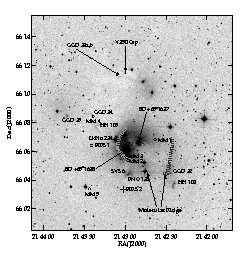43 Figure 13. A DSS 2 red image of NGC 7129 in which the crude position of the molecular ridge, bordering the cluster, is overplotted by white cross-dashed lines.