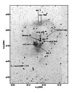 88 Figure 34. A large scale red photograph of the Cep OB4 region. The infrared sources and the radio continuum loop are indicated on the red DSS image. The HII region W1 is also known as S171.