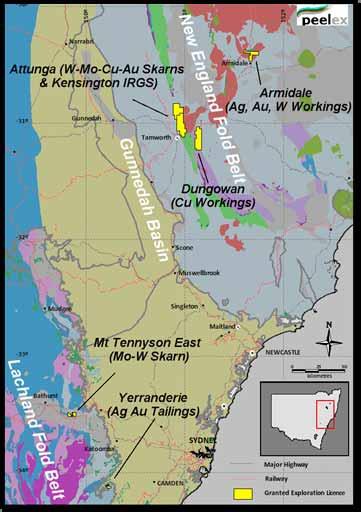 Attunga Project Located approximately 20 km north of Tamworth ELs 100% owned by Peel Exploration ELs occupy an area that