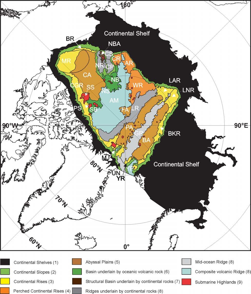 JAKOBSSON et al. Figure 7. Assessment of the geologic characters of the first-order physiographic provinces of the Arctic Ocean, based on a review of the available geologic literature (see text).