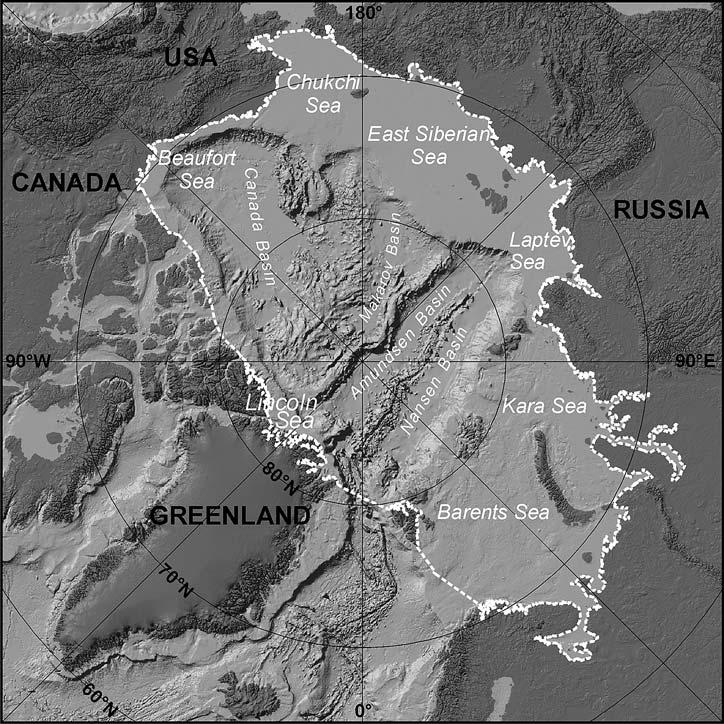 JAKOBSSON et al. Figure 1. The Arctic Ocean, its shallow marginal seas, and major basins. The dashed white line circumscribes the area of the Arctic Ocean that was adopted for this study.