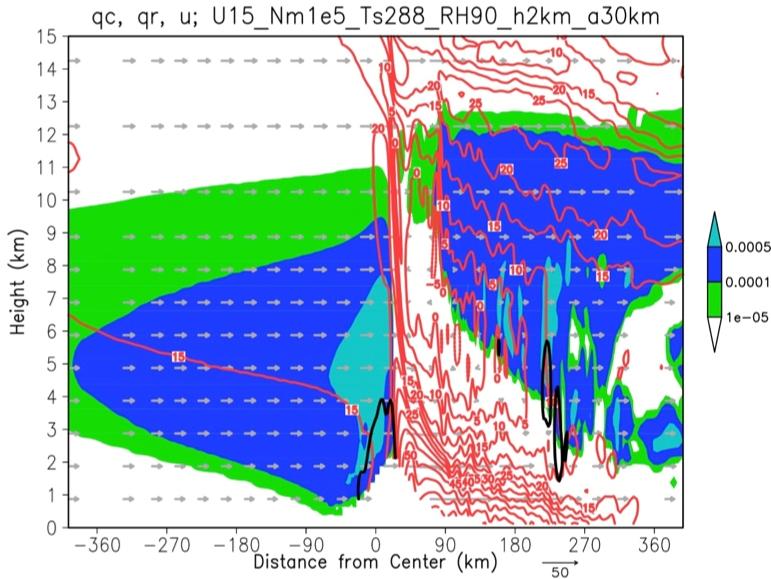 Analytical moist-stable sounding, Gaussian bell mountain, warm rain microphysics Observe precipitation in 6