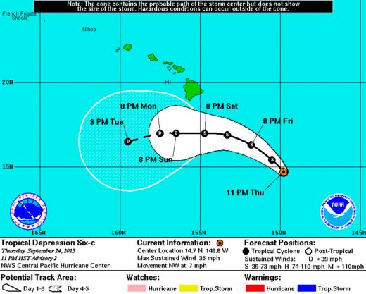 2 Day Tropical Outlook Central Pacific Tropical Depression Six-C: (Advisory #2 as of 5:00 a.m.