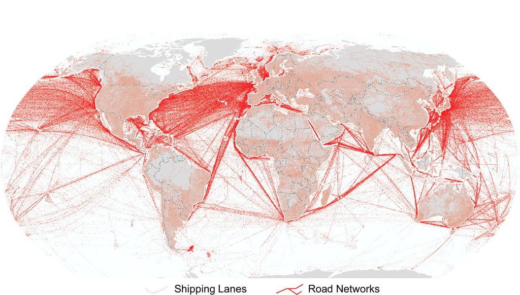 World Shipping Lanes Earth s shipping lanes and network of roads.