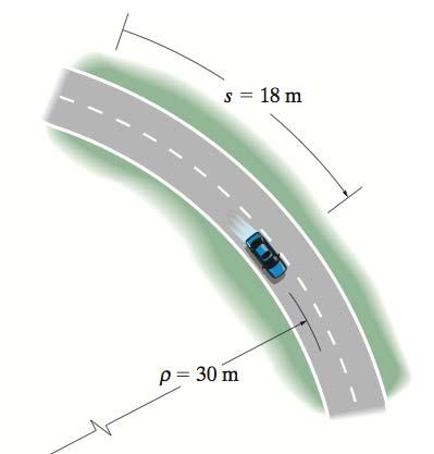 7. [8 Points] The car travels along a circular path having a radius of 30 m at a speed of v 0 = 5 m/s. At s = 0, it begins to accelerate with v = dv/dt = (0.05 s) m/s, where s is in meters.