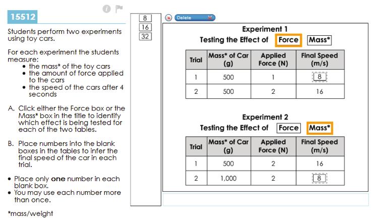 Sample Response: 2 points Notes on Scoring The response correctly identifies force as the variable for Experiment 1. The mass is constant and the force is less for Trial 1.