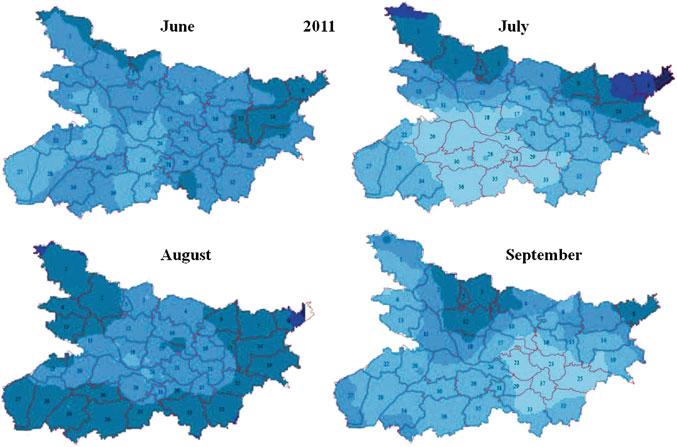 28 2 Drought Hazard in Bihar Fig. 2.3 Spatial distribution of rainfall from TRMM data, 2011 Fig. 2.4 Spatial distribution of