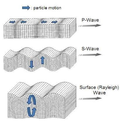 Figure 2-1: Longitudinal wave (P-wave), Shear wave (S-wave) and Rayleigh wave (diagram extracted from [67]).
