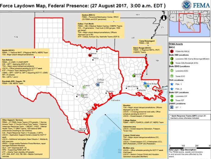 FEMA Region VI Tropical Cyclone Harvey Situation Harvey is forecast to remain inland or move very near the coast through Monday and continues to cause catastrophic flooding in southeast TX.