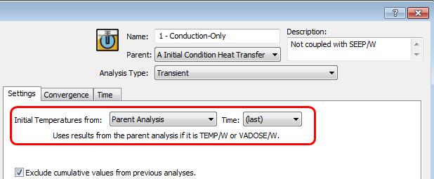 The analysis entitled 1 Conduction-only is a transient TEMP/W analysis that is not coupled with SEEP/W. A Convective Heat Transfer analysis was also added to the project (2 Conduction and Advection).