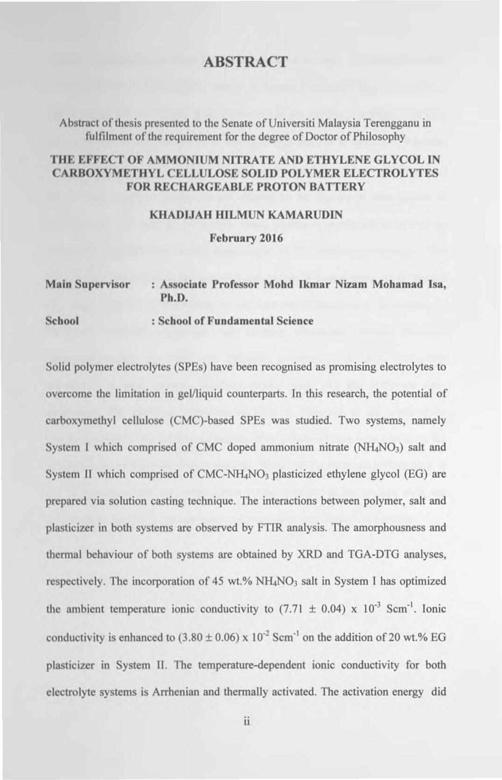 ABSTRACT Abstract of thesis presented to the Senate of Universiti Malaysia Terengganu in fulfilment of the requirement for the degree of Doctor of Philosophy THE EFFECT OF AMMONIUM NITRATE AND