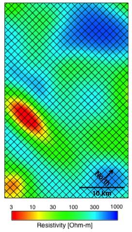 geothermal field, is absent in our off-diagonal model. We retrieve a strong low-resistivity feature located northwest of Rotokawa geothermal field at 5 km b.s.l., however this conductor is elongated in the direction of mesh and data orientation, which is at a ~45 o angle to this feature in the Bertrand et al.