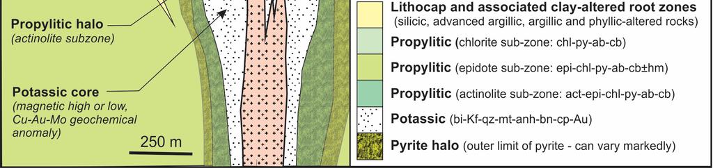 The roots of the lithocap lie within the pyrite halo to the porphyry system.