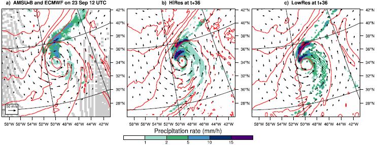 ET Helene: precipitation in HiRes & LowRes Observation: rainband north of Helene and front to the northeast HiRes & LowRes similar, both