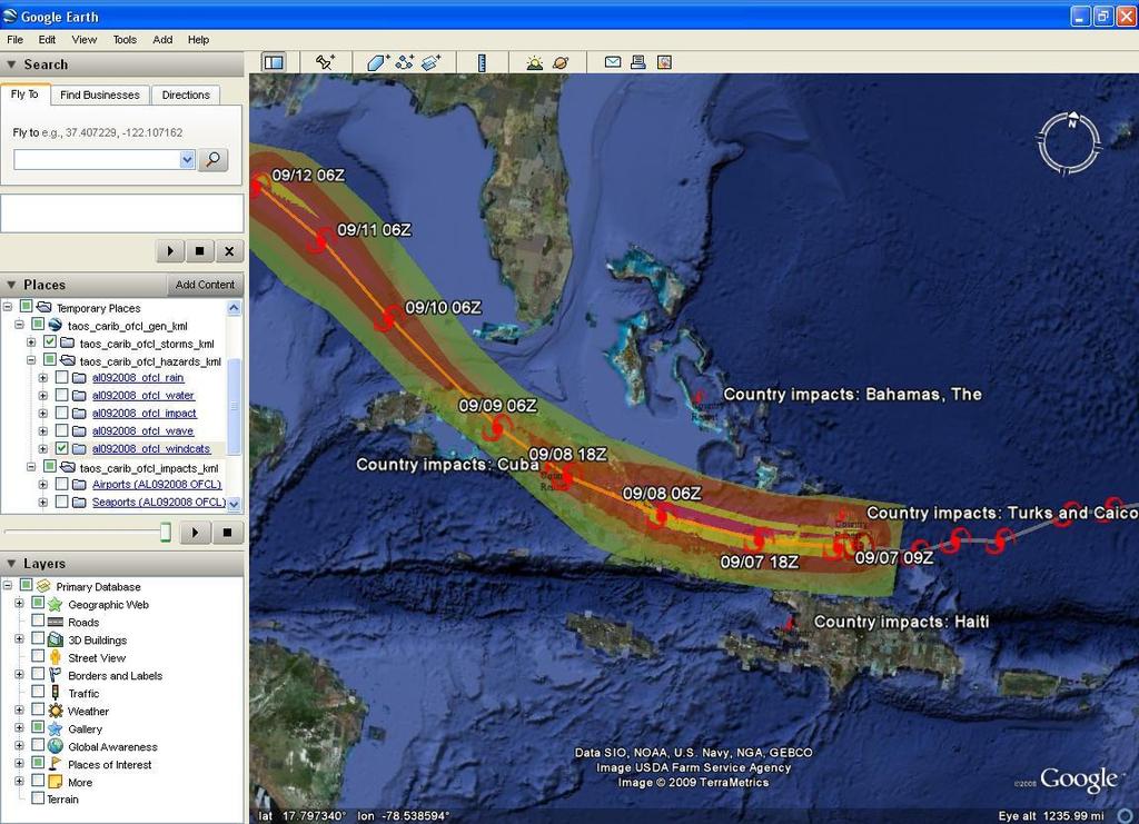 Should more than one storm be active in the Caribbean at one time, the separate storm-specific layers allow hazard and impact information for each storm to be displayed separately or