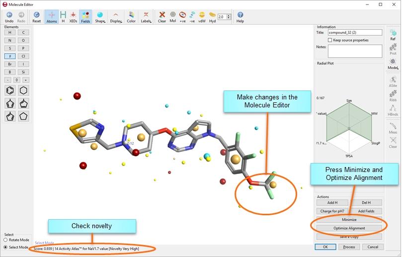 displayed in the editor. You can use this to check the novelty of newly designed compounds. As you edit a molecule, press the 'Minimize' and 'Optimize Alignment' buttons in the editor.