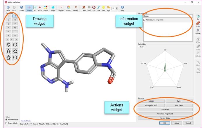 Select/Rotate widget or by pressing and holding the Ctrl key, changes the function of the left mouse click to enable selecting of atoms or portions of molecules (by drawing a lasso).