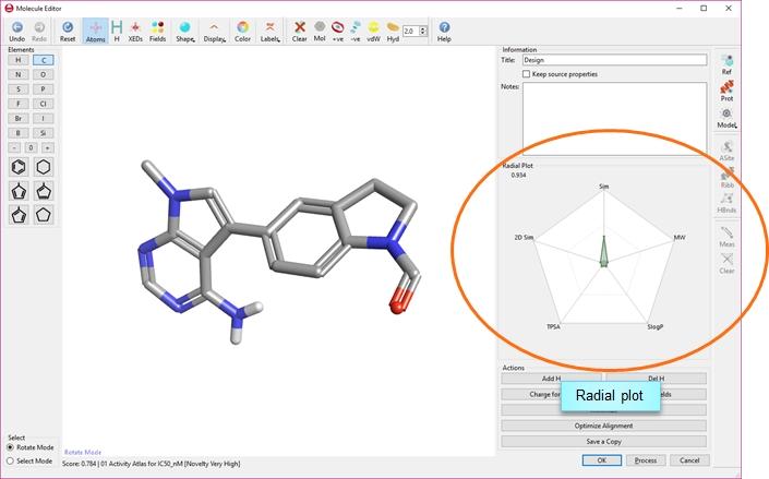 The toolbars in the Molecule Editor can be used to undo/redo actions, show reference and protein molecules (in the current display style