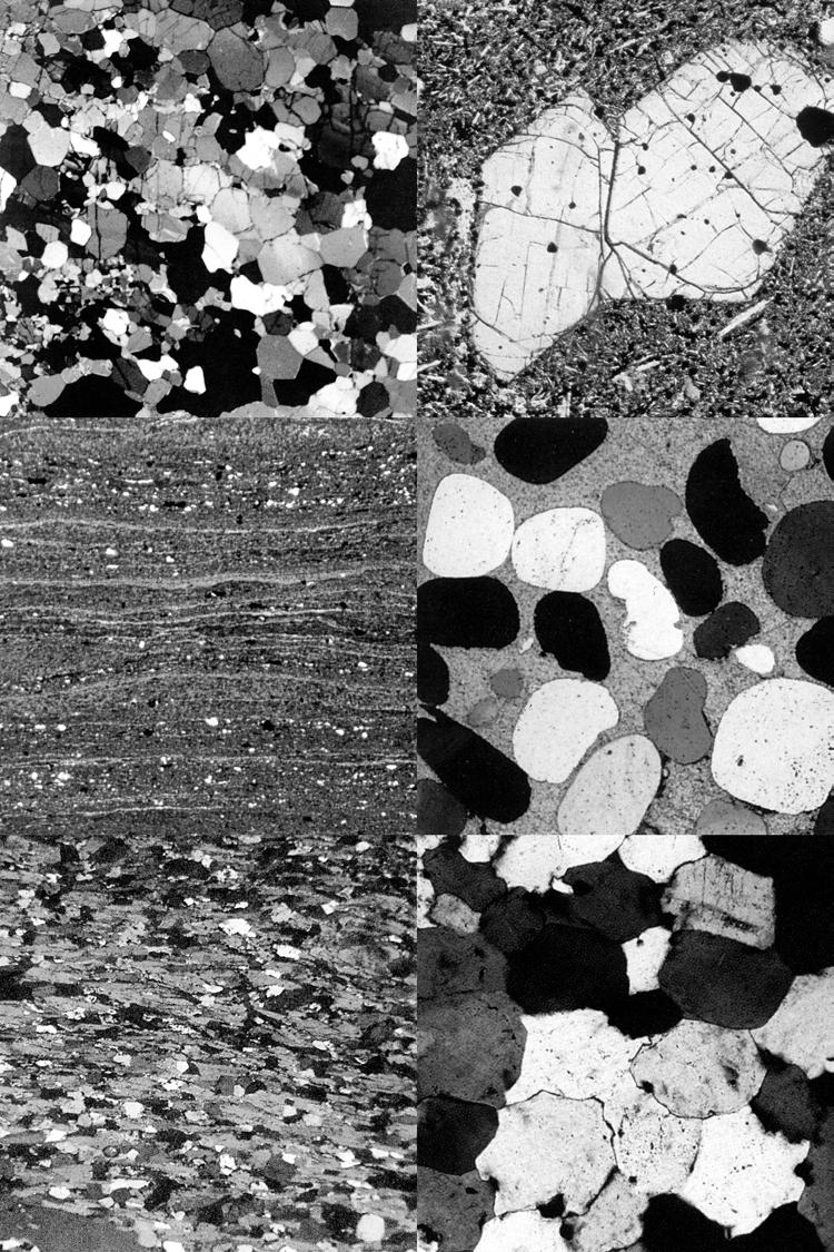 Page - Figure 2. Common textures in the 3 major rock groups as seen in highly magnified, thin slices of rocks. A. A coarse-grained phaneritic ganite with quattz, muscovite and feldspars. B.