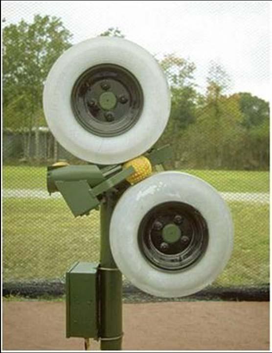 APPLICATIONS As the wheels of this pitching machine rotate, they apply frictional impulses to the ball, thereby giving it linear momentum in the direction of Fdt and F dt.