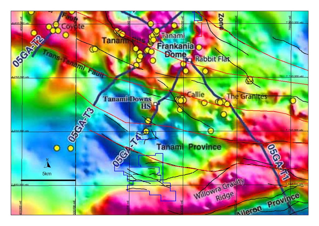 Figure 2: Tanami regional gravity image highlighting interpreted seismic sutures (red lines) passing through the