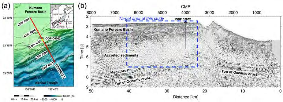 Figure 2 (a) Map of the 2D seismic survey in the Nankai Trough off the Kii Penisula, southwest Japan.