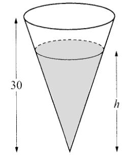7. The diagram shows a cone of height 30 cm. The volume of the liquid in the cone is half the volume of the cone. Calculate the depth, h centimetres, of the liquid. Answer h =. [2] 8.