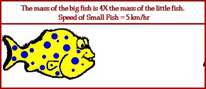 Conservation of Momentum in an inelastic collision Before inelastic collision Big fish mass = 4 kg Small fish mass = 1 kg Small fish speed = 5