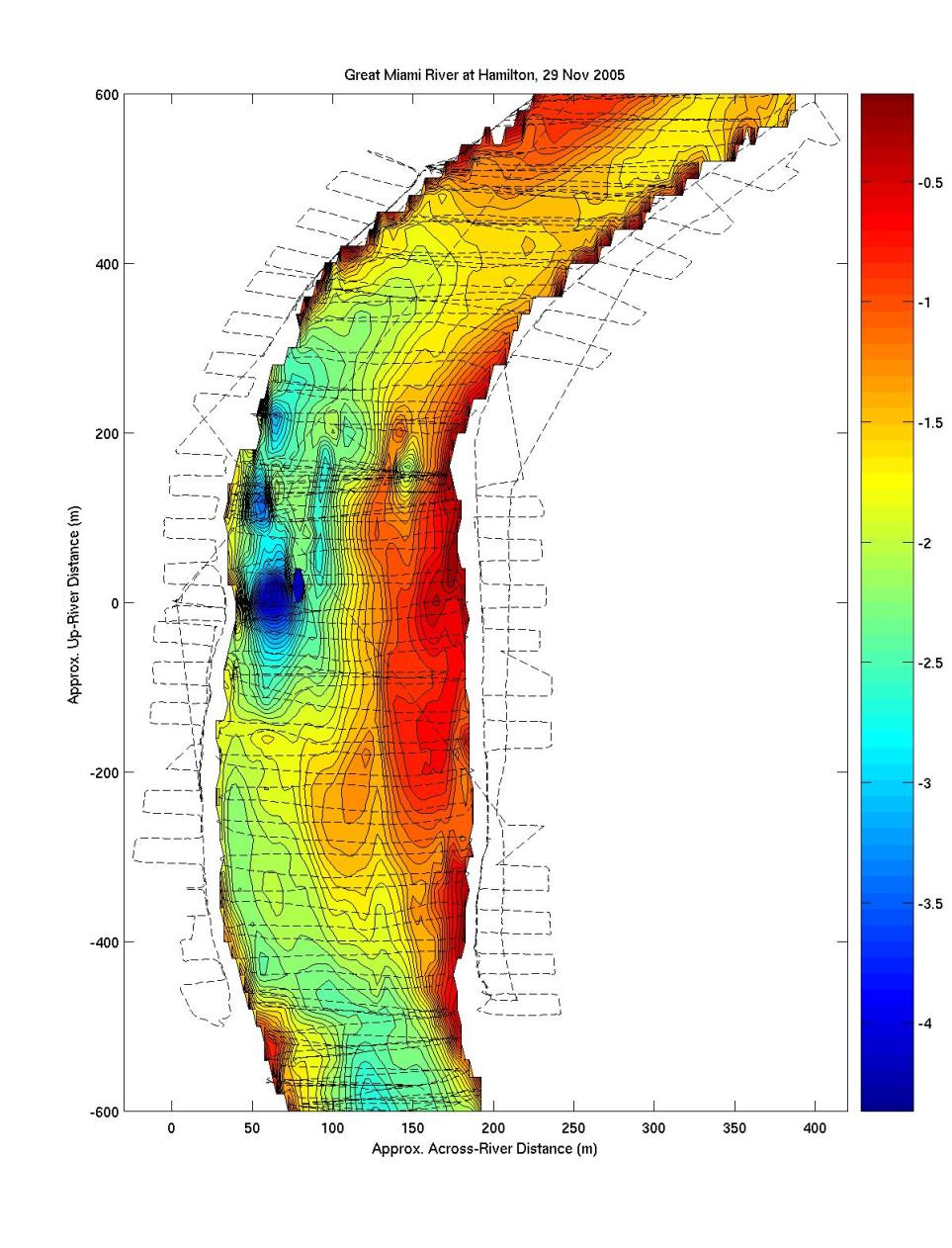 Figure 9. Bathymetric survey of the Great Miami River in Hamilton, OH, conducted on 29 Nov 2005.