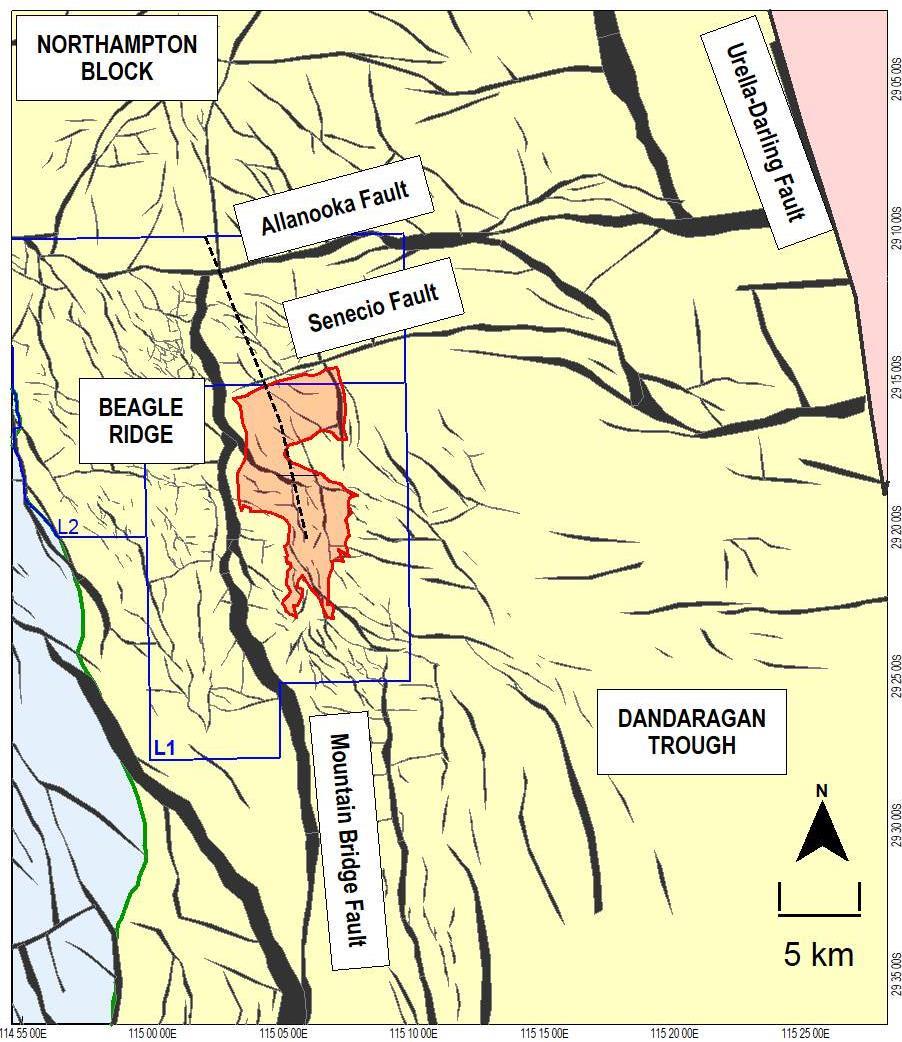 Structure Low-side fault closure of ~50 km 2 Crest at 3000m with 350m gross gas column Trap defined by Mountain Bridge & Senecio faults Senecio fault