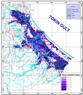 Flood risk map in downstream of Nhat Le river basin a) Flooding Depth b) Inundation duration c) Flood Peak Velocity d) Flood Risk Figure 9.