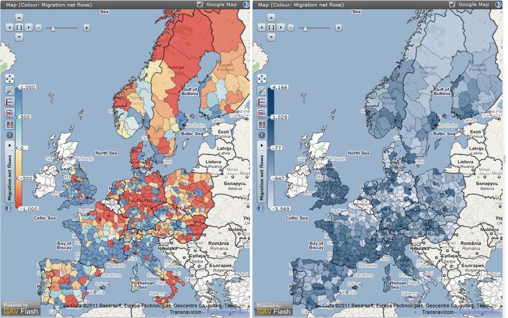 Migration Net Flows Europe in Colour and B/W Red means