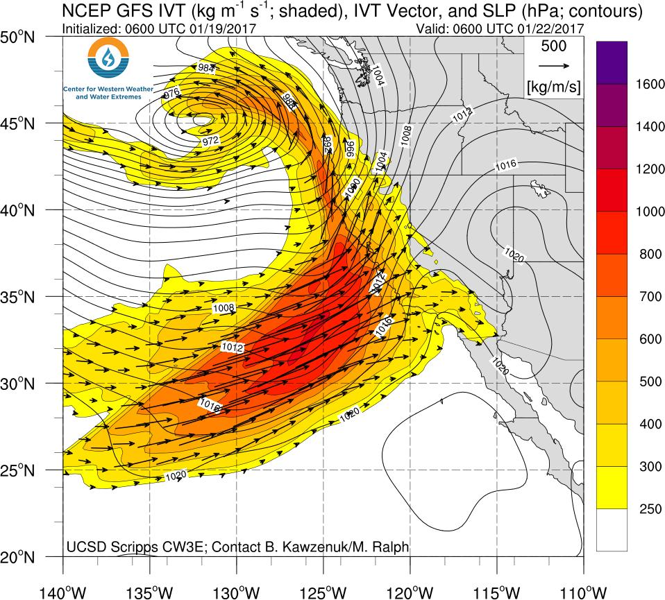 Weak Not AR NCEP-GFS IWV for 10 PM PST 21 Jan 2017 AR 3 is forecast to make landfall over Central CA on