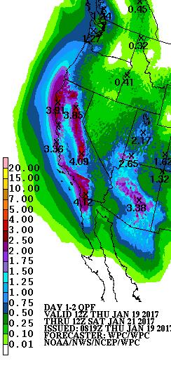 2 day WPC precipitation forecasts range from 3 4 inches over the Coast and Sierra Nevada Mts.