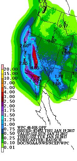 AR 3 1 5 day WPC total precipitation forecasts as high as 10 inches in the southern Sierras and 9.